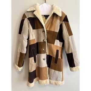 Y2K Tan Brown Suede Patchwork Jacket Leather Indie Faux Fur Coat - Medium